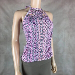 ISLAND ESCAPE Macramé Diamond Print Halter Tankini Top NWT 6